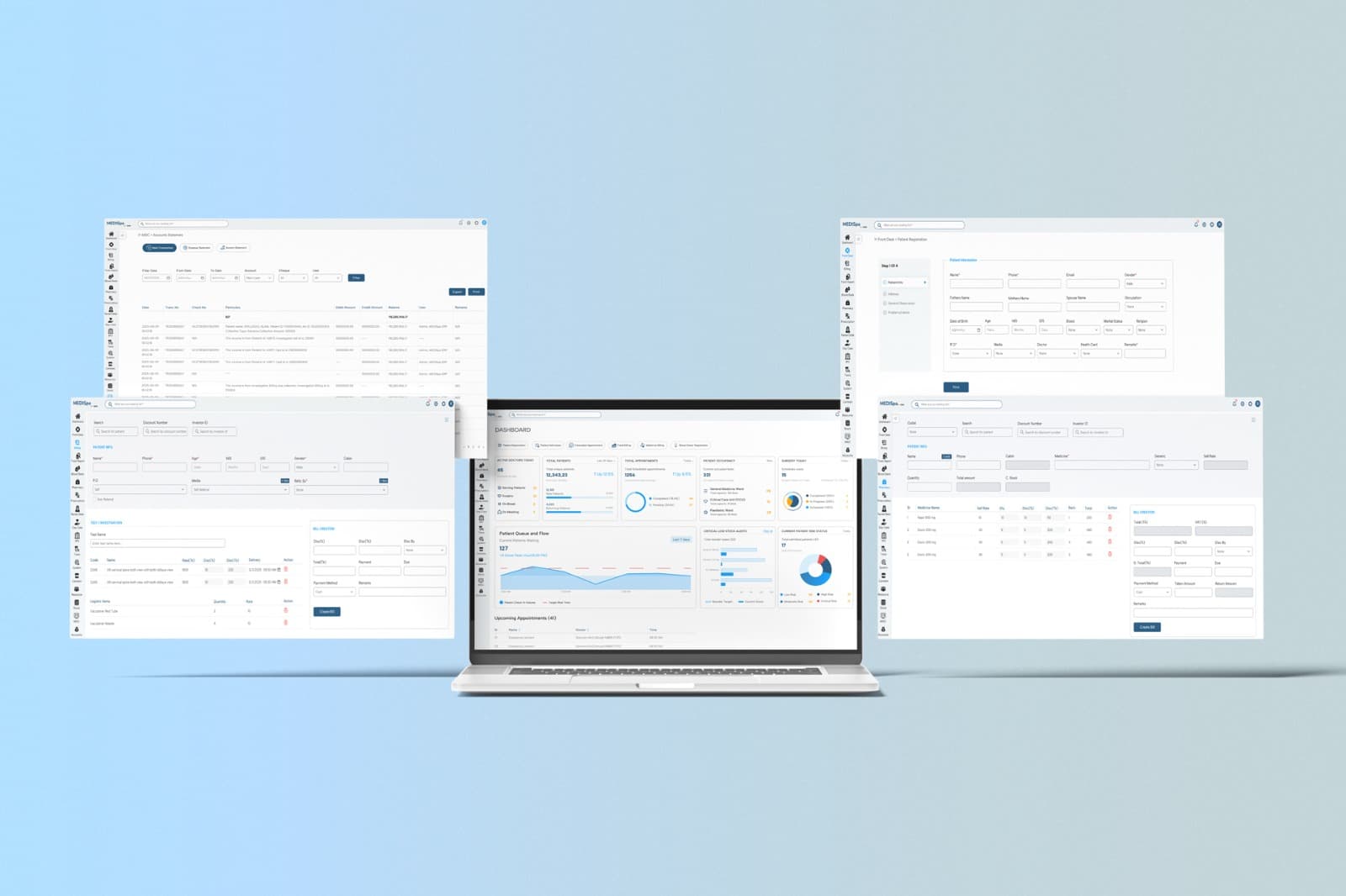MediSpa: the dashboard, billing, patient registration and pharmacy screens